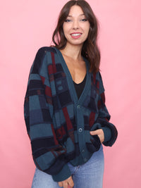 Vintage Teal & Burgundy Abstract Grid Knit Cardigan