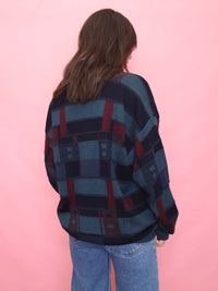 Vintage Teal & Burgundy Abstract Grid Knit Cardigan