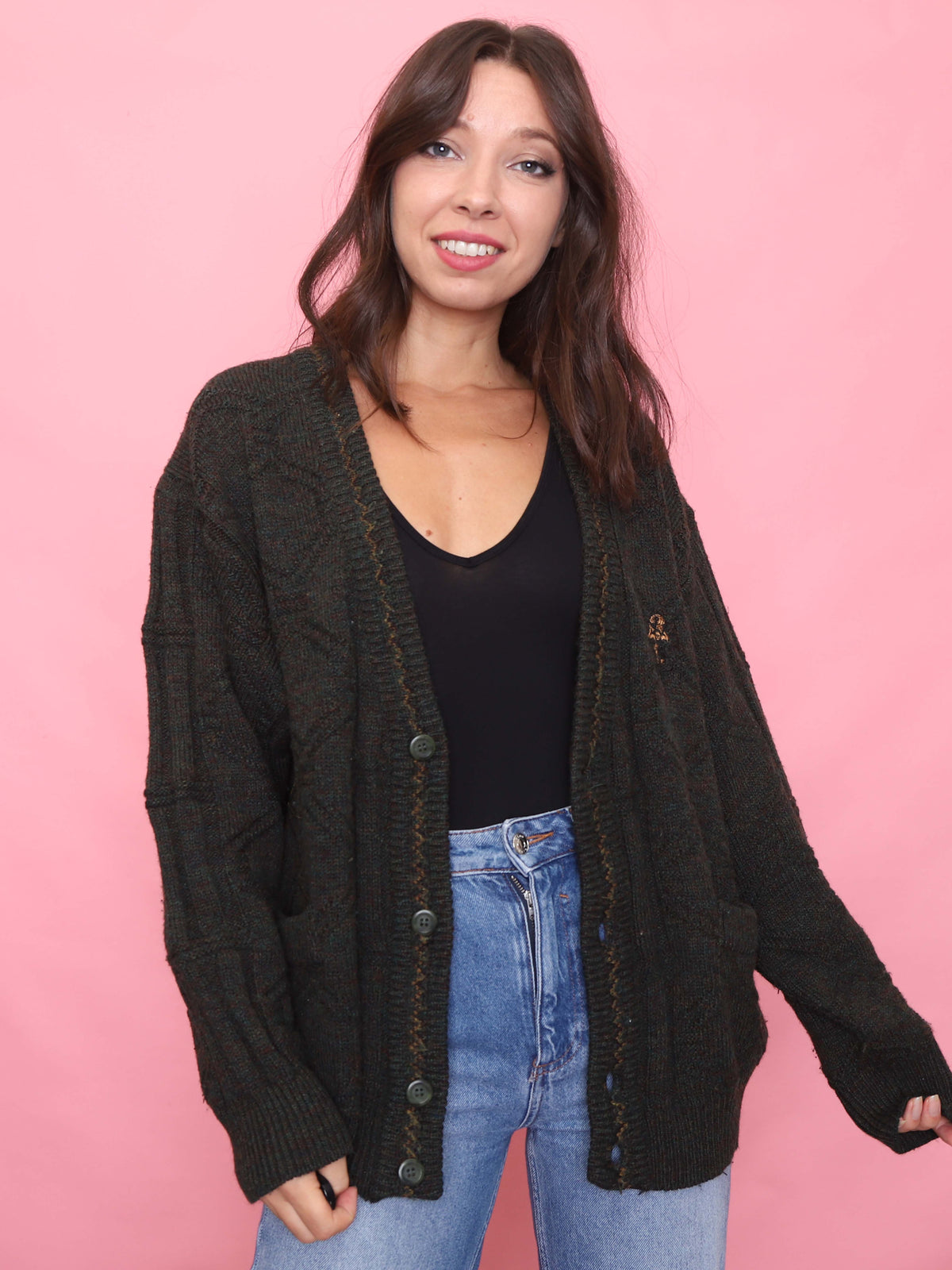 Vintage Chunky Knit Forest Green Cardigan