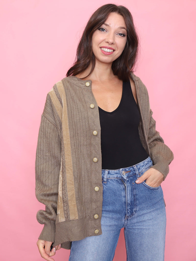 Vintage Textured Taupe Knit Cardigan