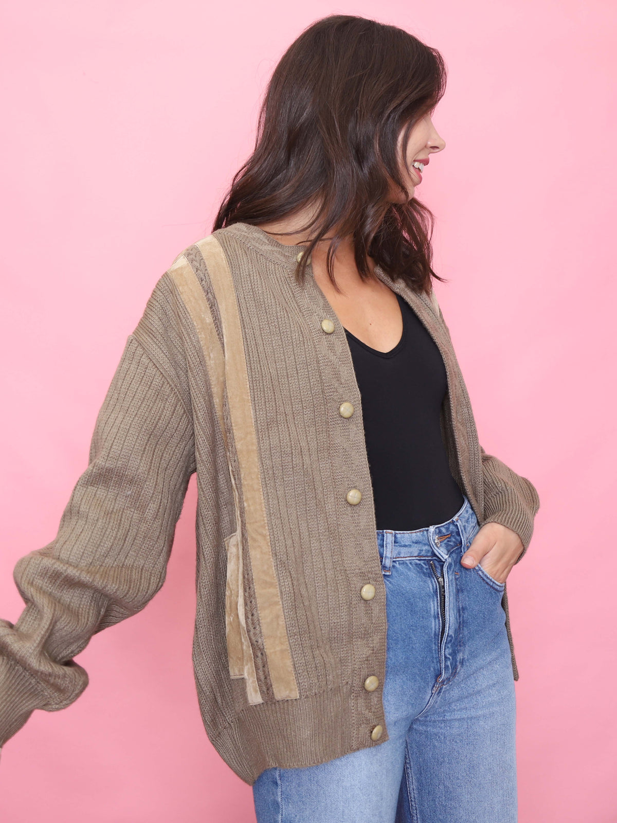 Vintage Textured Taupe Knit Cardigan