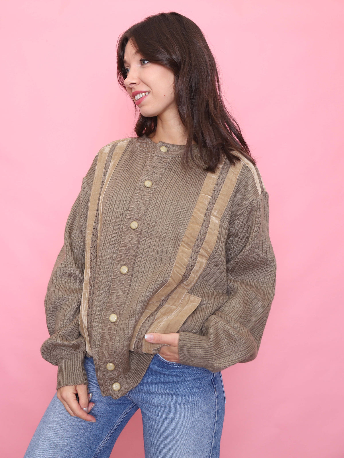 Vintage Textured Taupe Knit Cardigan