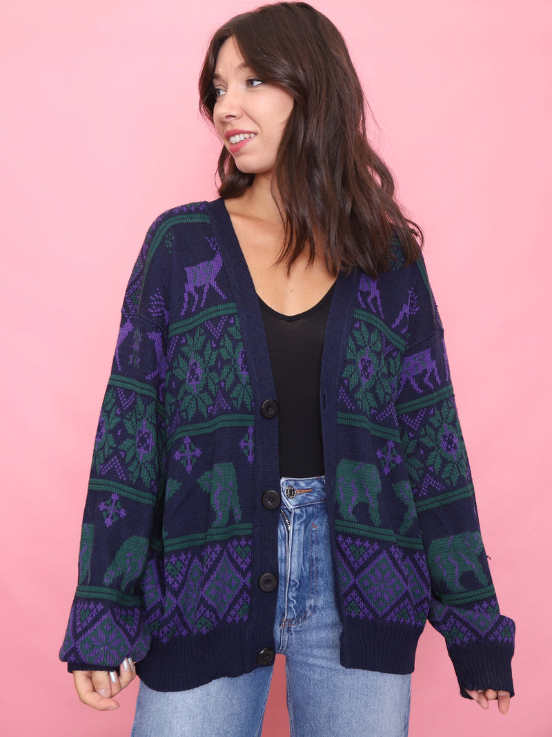 Vintage Knit Cardigan with Animal Pattern