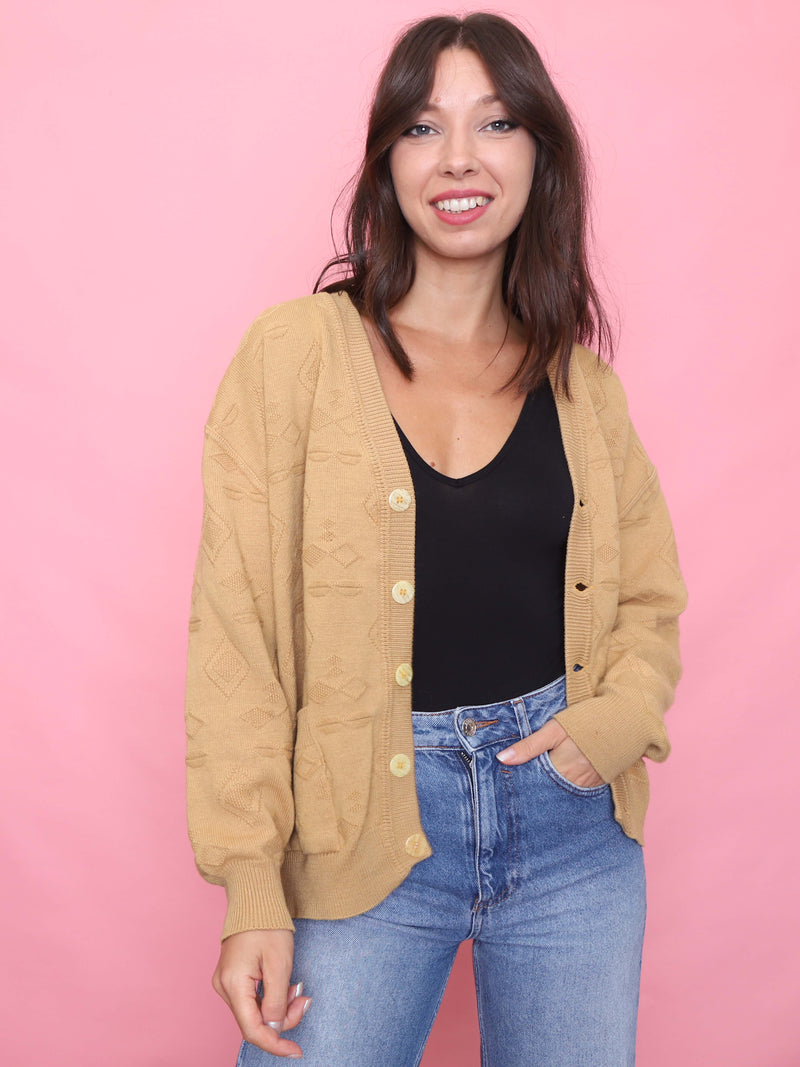 Vintage Camel Beige Patterned Knit Cardigan