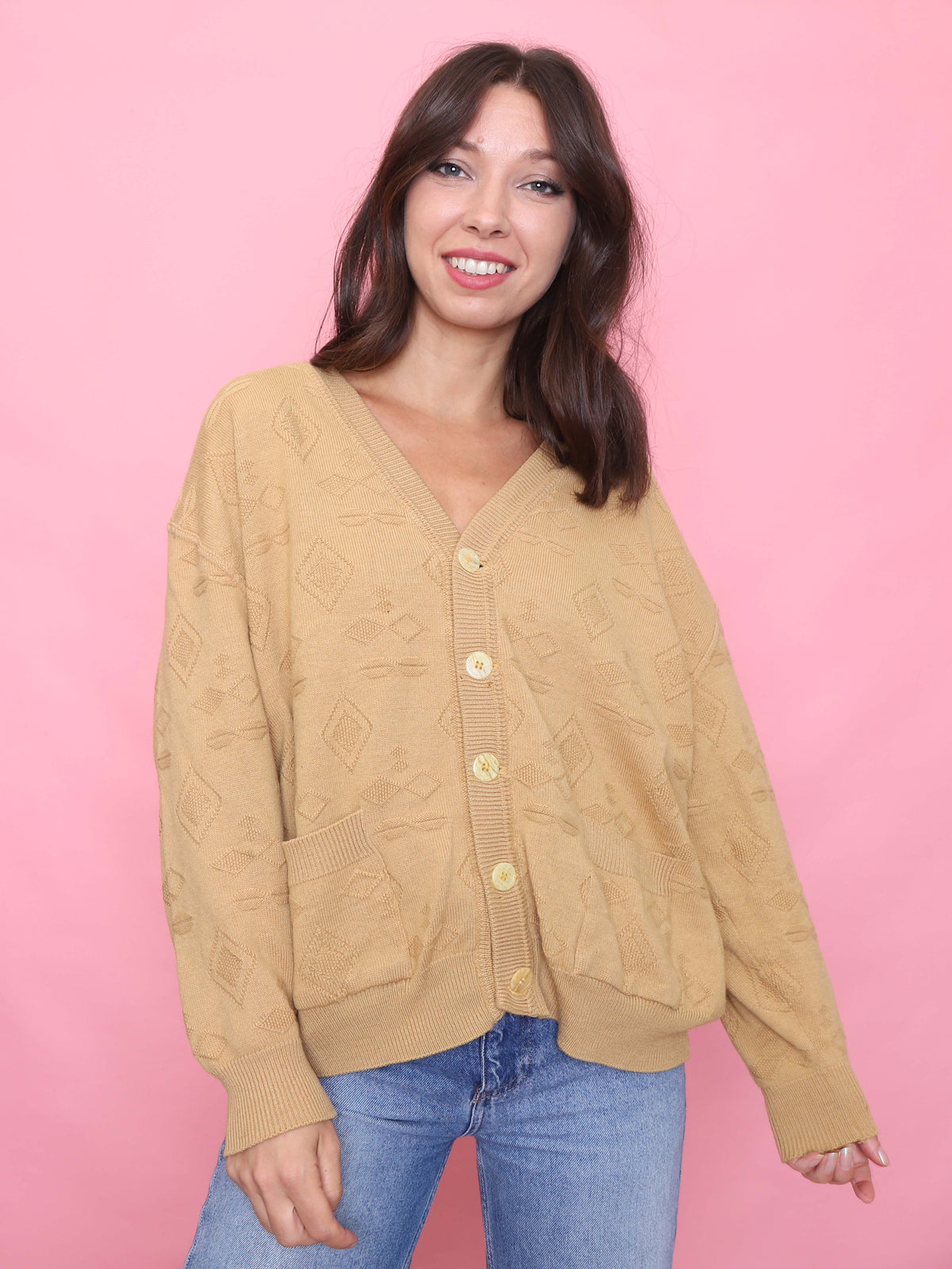 Vintage Camel Beige Patterned Knit Cardigan