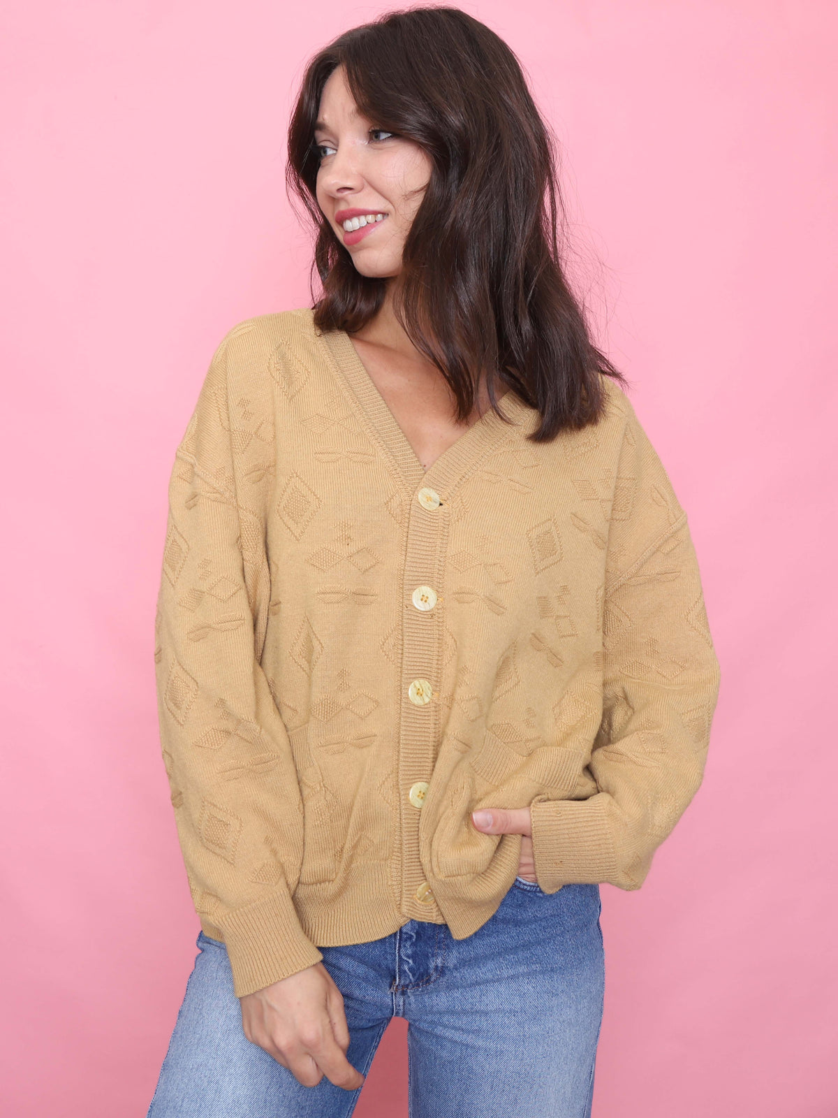 Vintage Camel Beige Patterned Knit Cardigan