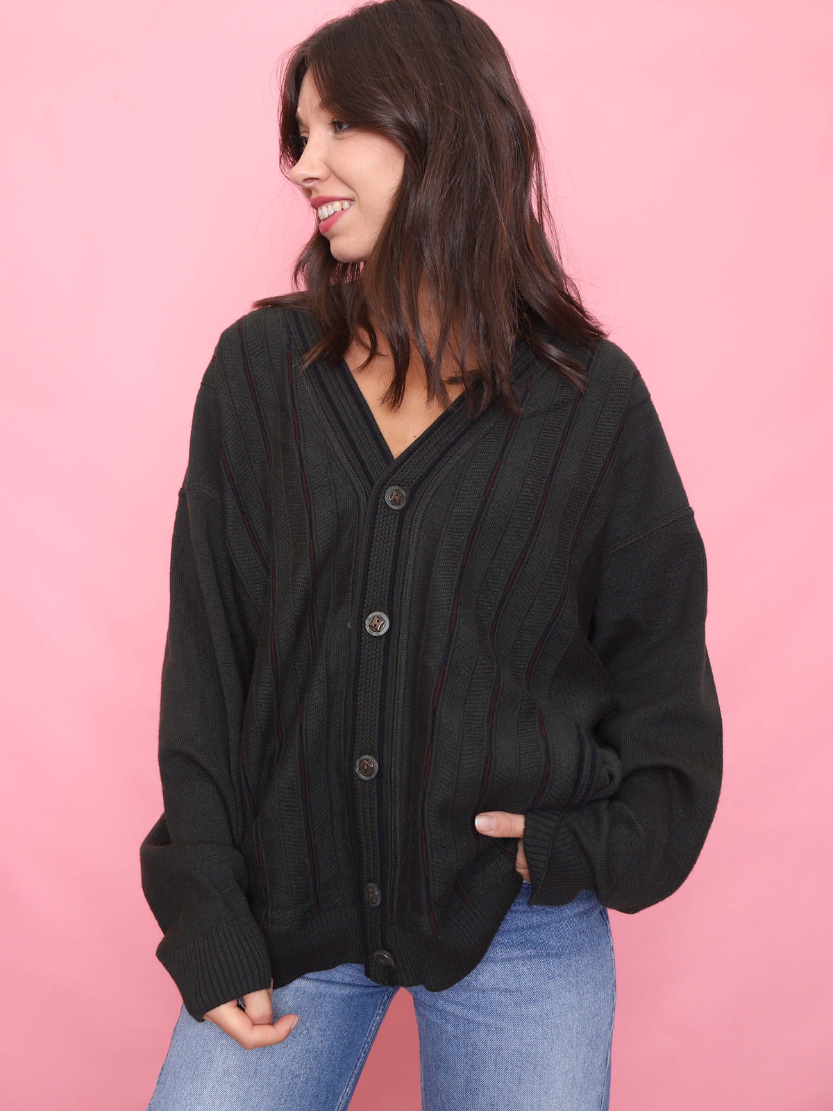 Vintage Dark Green Pattern Knit Cardigan