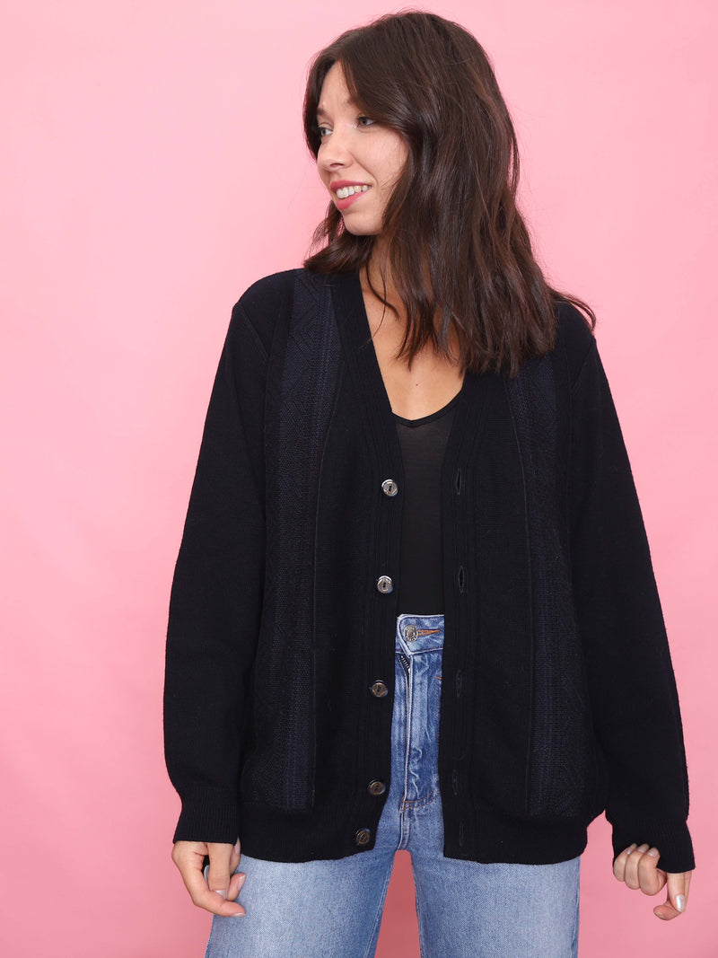 Vintage Deep Navy Pattern Knit Cardigan