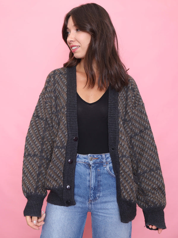 Vintage Brown & Grey Patterned Cardigan