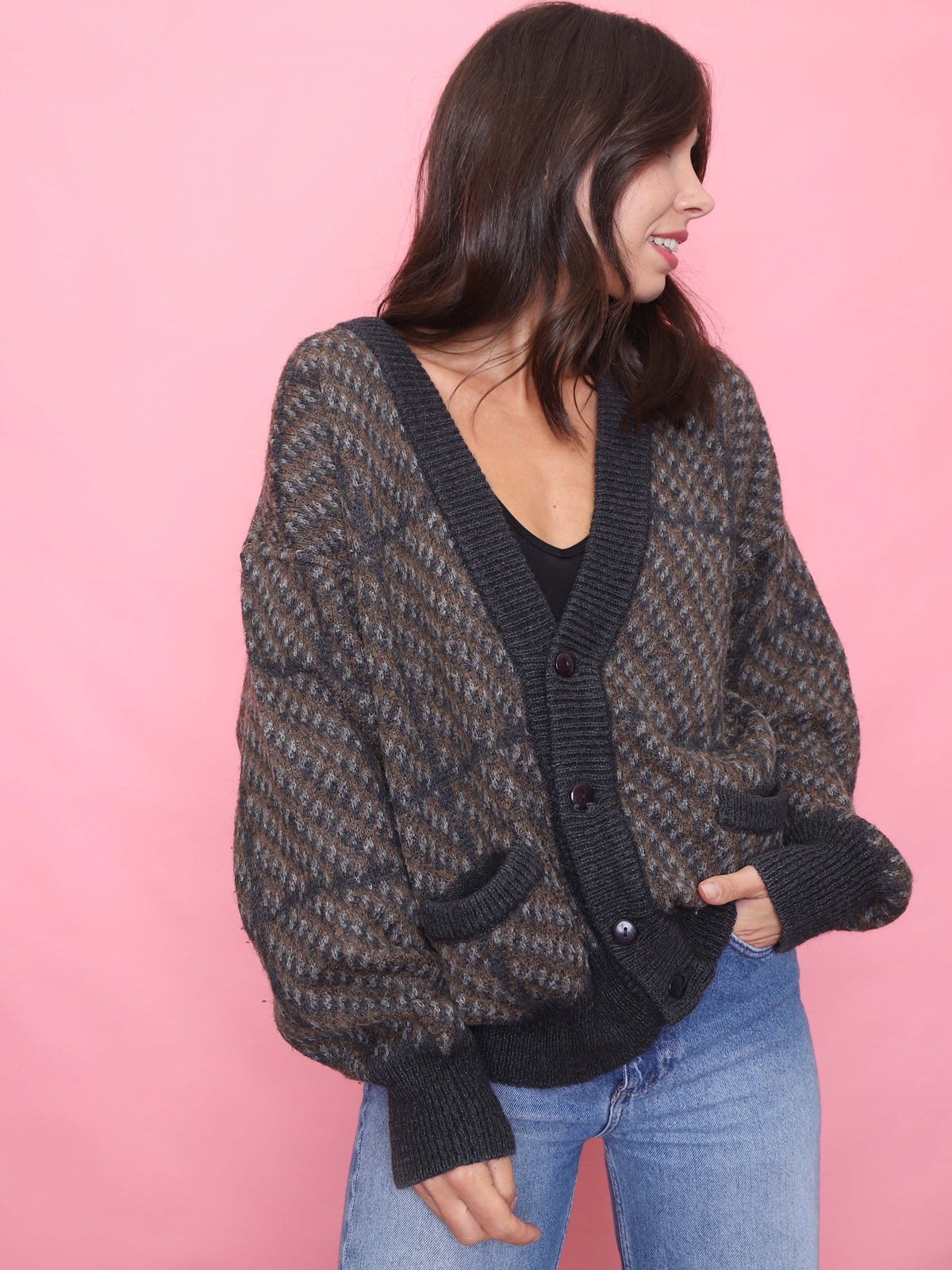 Vintage Brown & Grey Patterned Cardigan