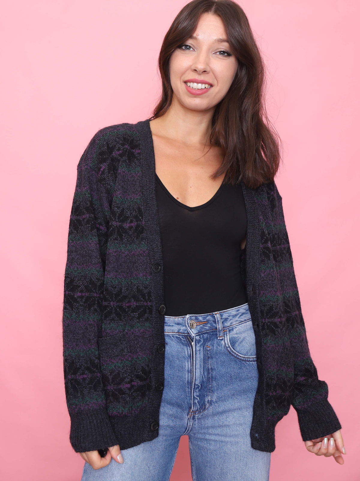 Vintage Black & Purple Snowflake Knit Cardigan