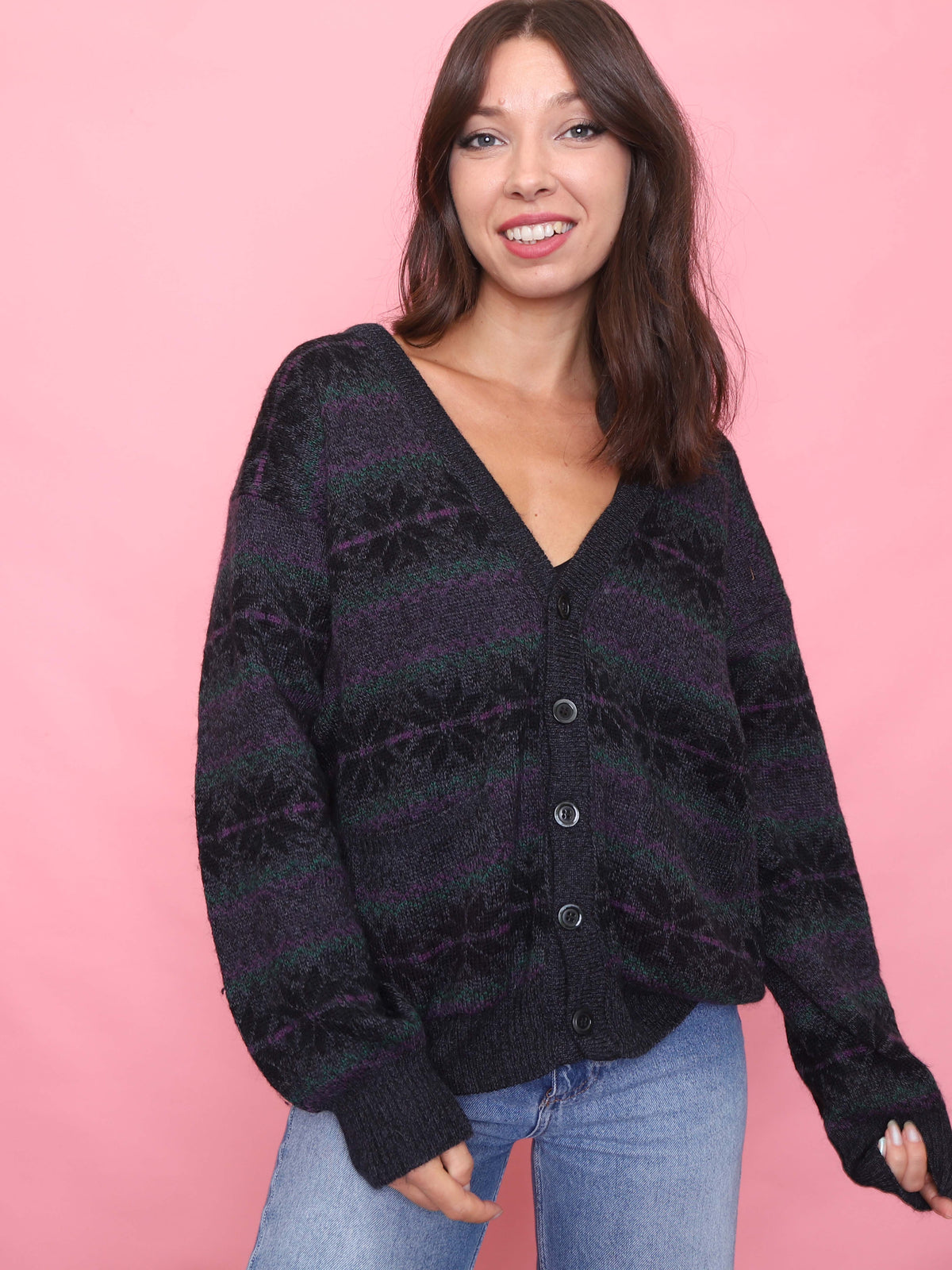 Vintage Black & Purple Snowflake Knit Cardigan