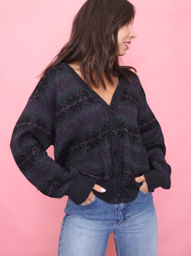 Vintage Black & Purple Snowflake Knit Cardigan