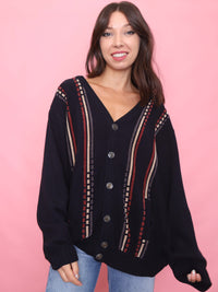 Vintage Navy Knit Cardigan with Vertical Stripe Pattern