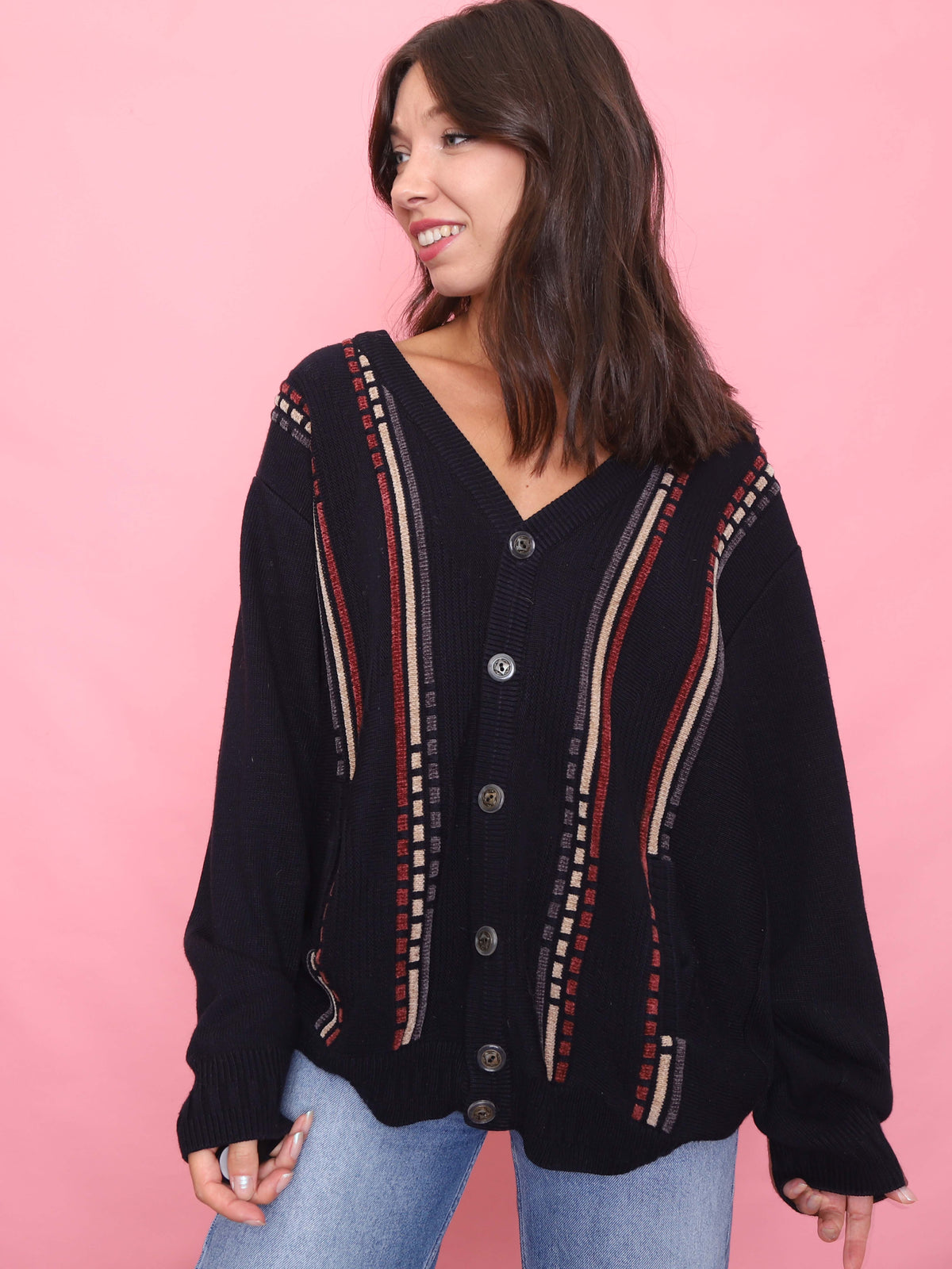 Vintage Navy Knit Cardigan with Vertical Stripe Pattern