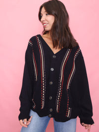 Vintage Navy Knit Cardigan with Vertical Stripe Pattern