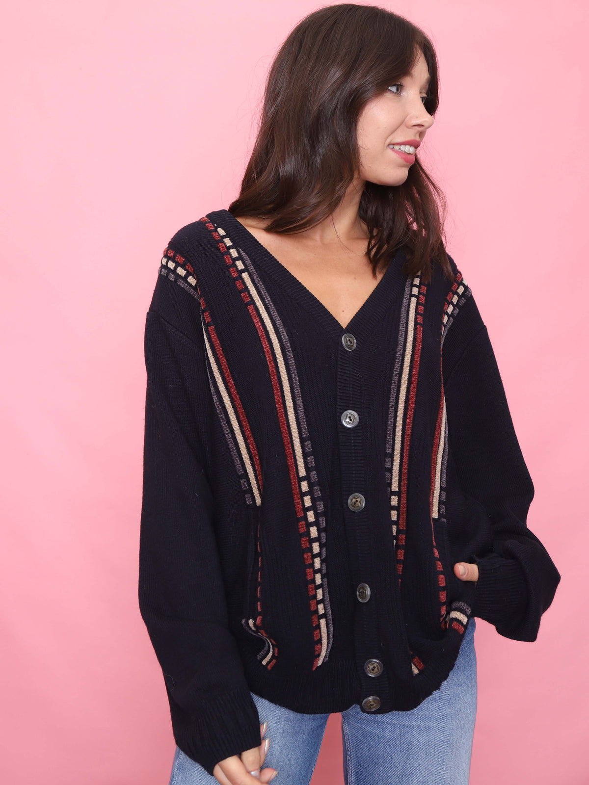 Vintage Navy Knit Cardigan with Vertical Stripe Pattern