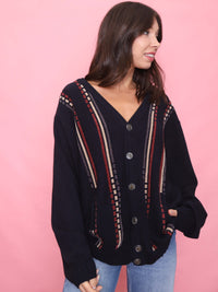 Vintage Navy Knit Cardigan with Vertical Stripe Pattern
