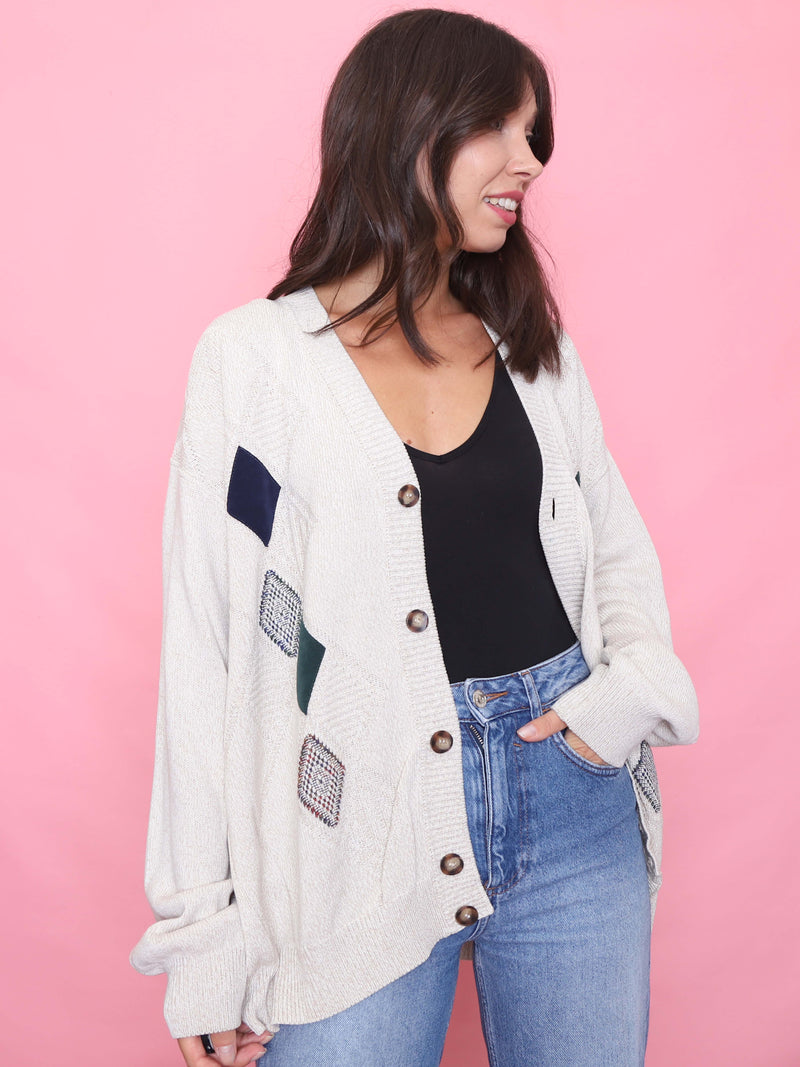 Vintage Diamond Patch Knit Cardigan Cream