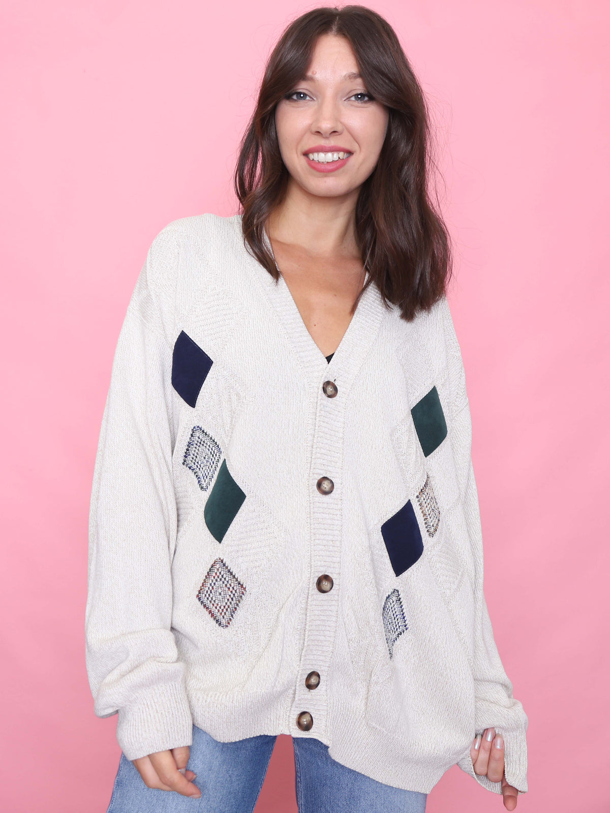 Vintage Diamond Patch Knit Cardigan Cream