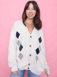 Vintage Diamond Patch Knit Cardigan Cream