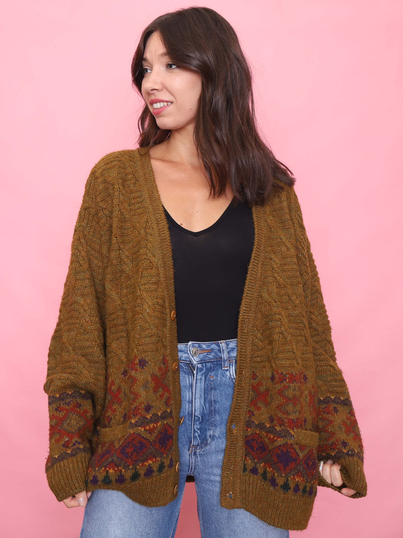 Vintage Chunky Knit Patterned Cardigan