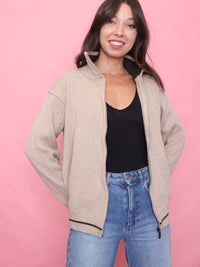 Vintage Zip-Up Neutral Ribbed Knit Cardigan