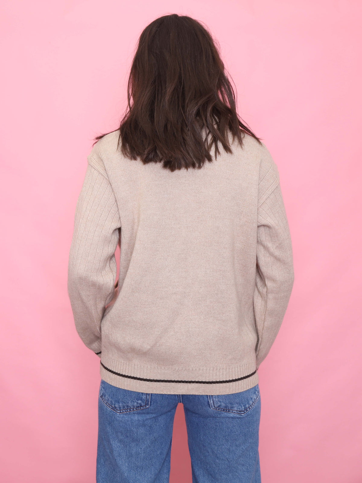 Vintage Zip-Up Neutral Ribbed Knit Cardigan