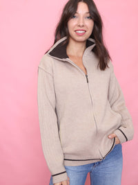 Vintage Zip-Up Neutral Ribbed Knit Cardigan