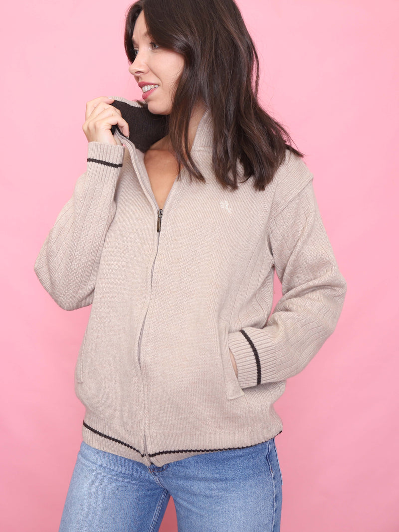 Vintage Zip-Up Neutral Ribbed Knit Cardigan