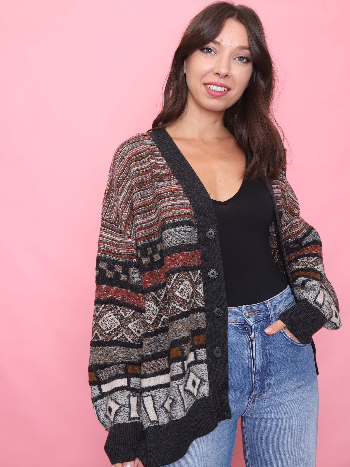 Hugo Boss Vintage Patterned Knit Button-Up Cardigan
