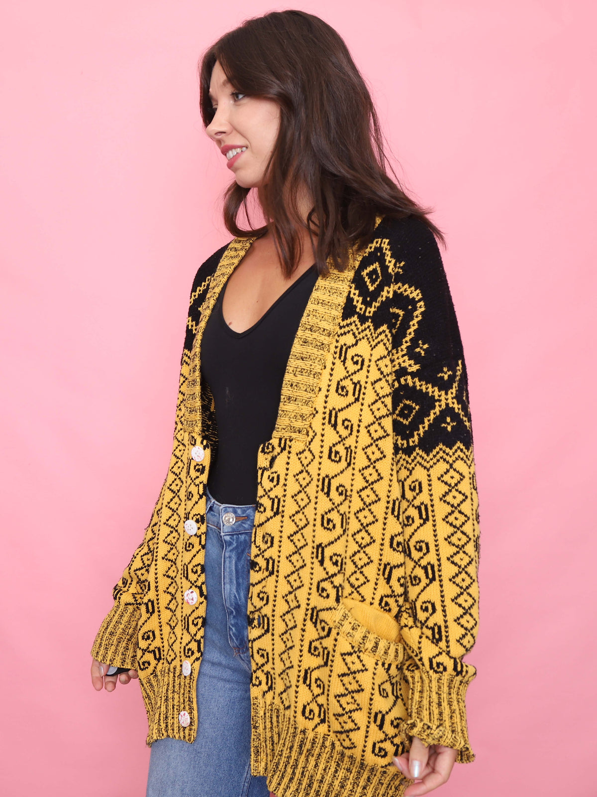 Vintage Yellow & Black Pattern Knit Cardigan