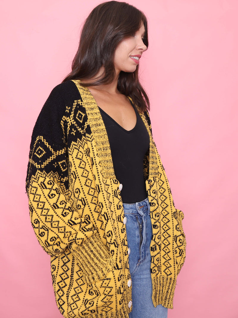 Vintage Yellow & Black Pattern Knit Cardigan