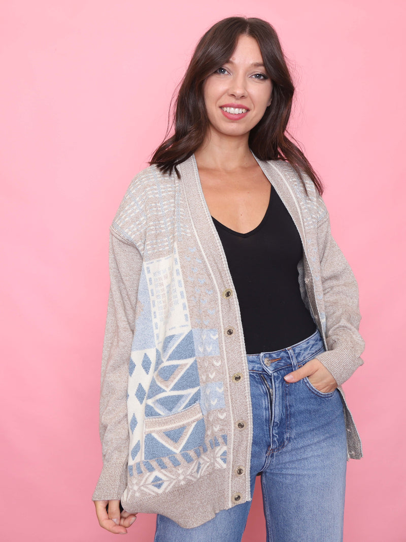 Vintage Geometric Pattern Knit Cardigan Beige & Blue