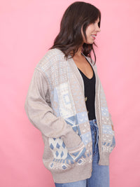 Vintage Geometric Pattern Knit Cardigan Beige & Blue