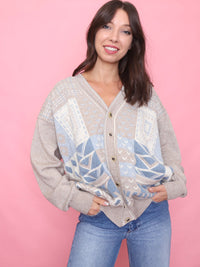 Vintage Geometric Pattern Knit Cardigan Beige & Blue