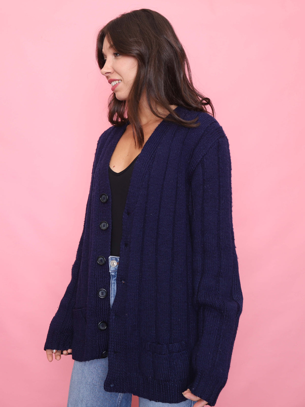 Vintage Navy Blue Button-Up Knit Cardigan