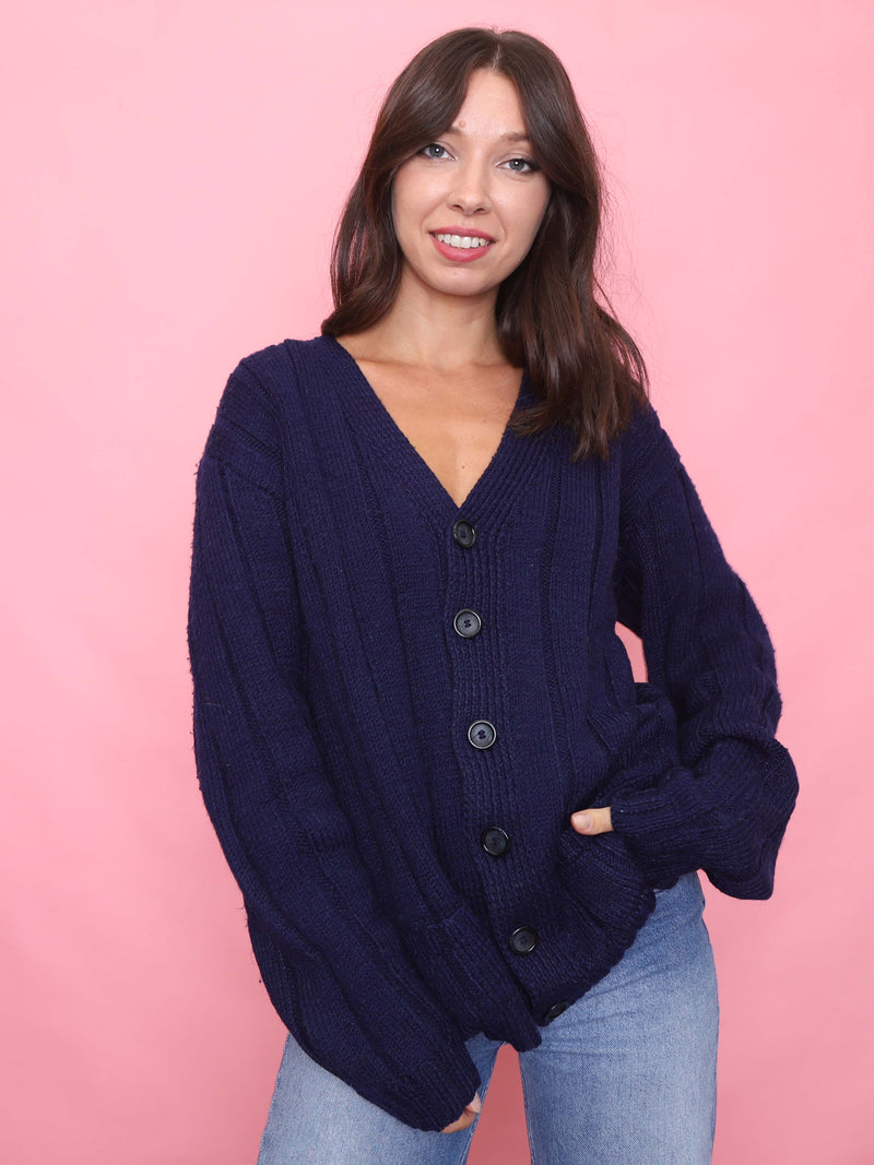 Vintage Navy Blue Button-Up Knit Cardigan
