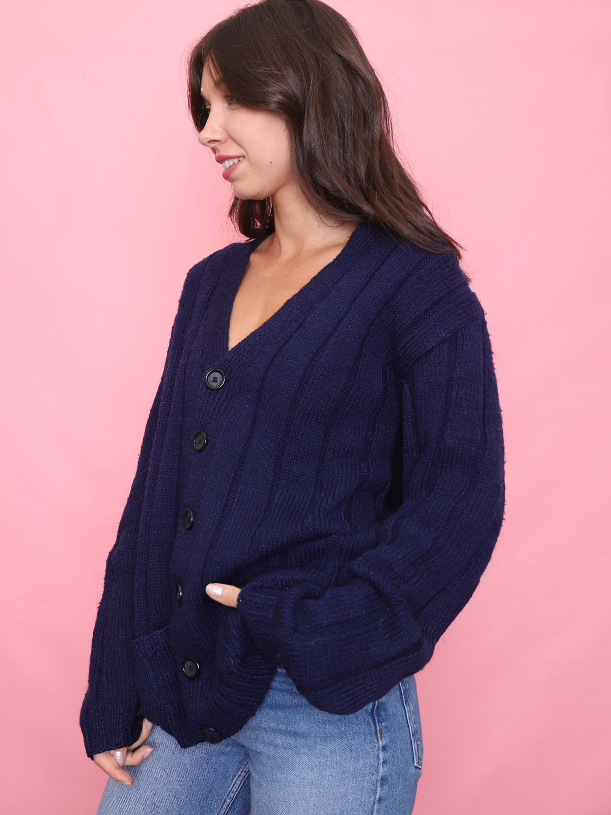 Vintage Navy Blue Button-Up Knit Cardigan