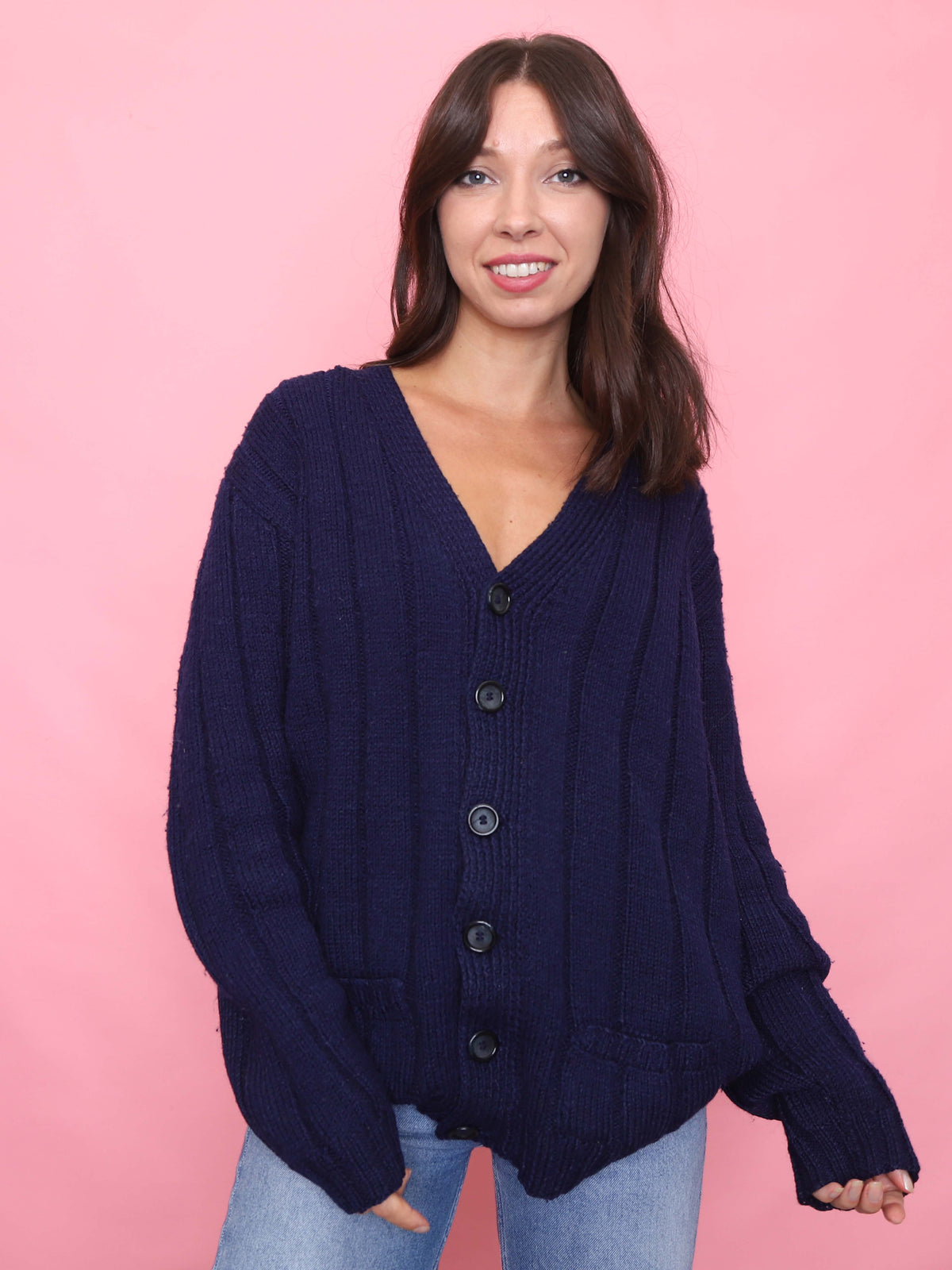 Vintage Navy Blue Button-Up Knit Cardigan