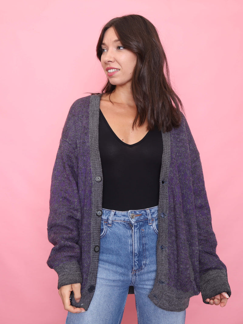 Vintage Purple & Charcoal Button-Up Cardigan Jacket