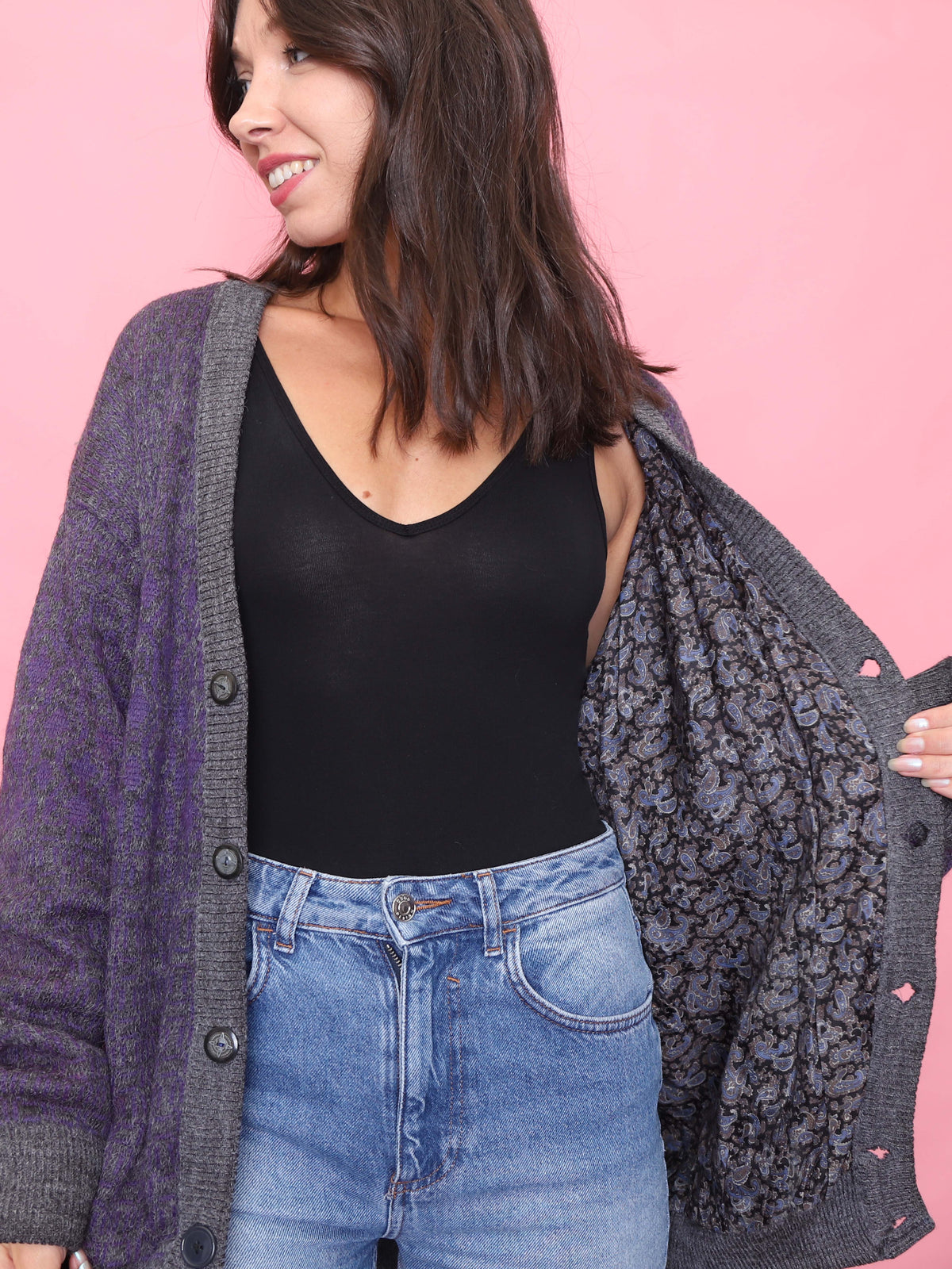 Vintage Purple & Charcoal Button-Up Cardigan Jacket