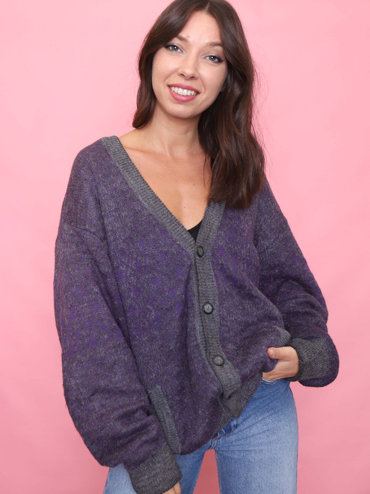 Vintage Purple & Charcoal Button-Up Cardigan Jacket