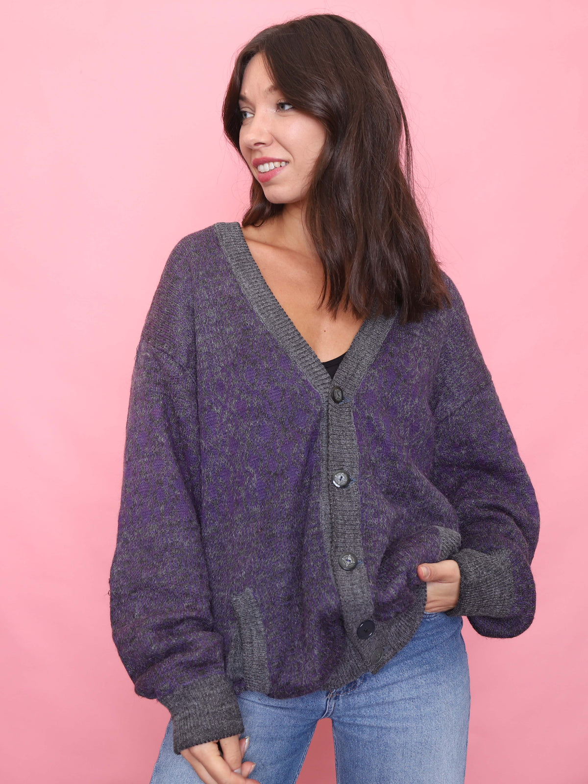 Vintage Purple & Charcoal Button-Up Cardigan Jacket