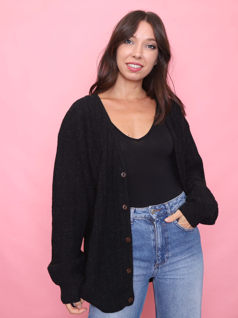 Vintage Charcoal Black Button-Up Knit Lambswool Cardigan