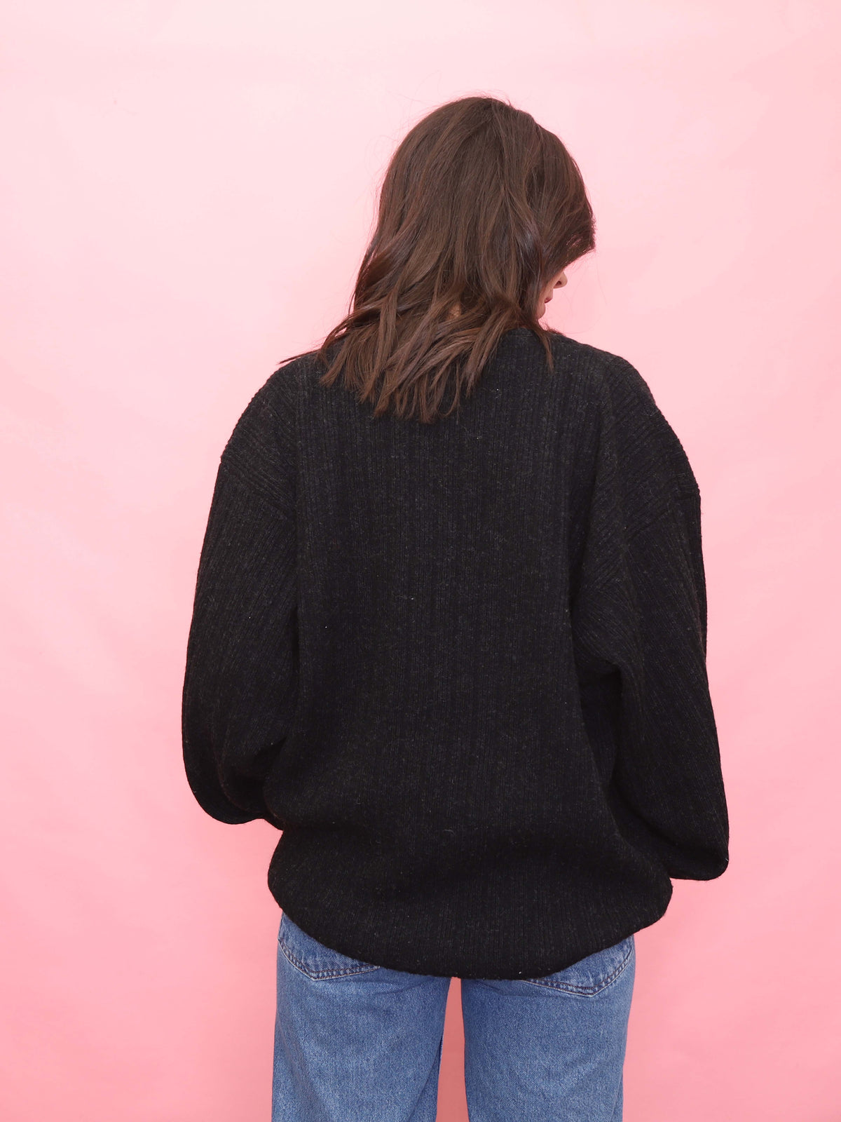 Vintage Charcoal Black Button-Up Knit Lambswool Cardigan