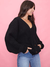 Vintage Charcoal Black Button-Up Knit Lambswool Cardigan
