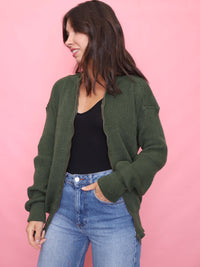 Vintage Green Zip-Up Knit Cardigan