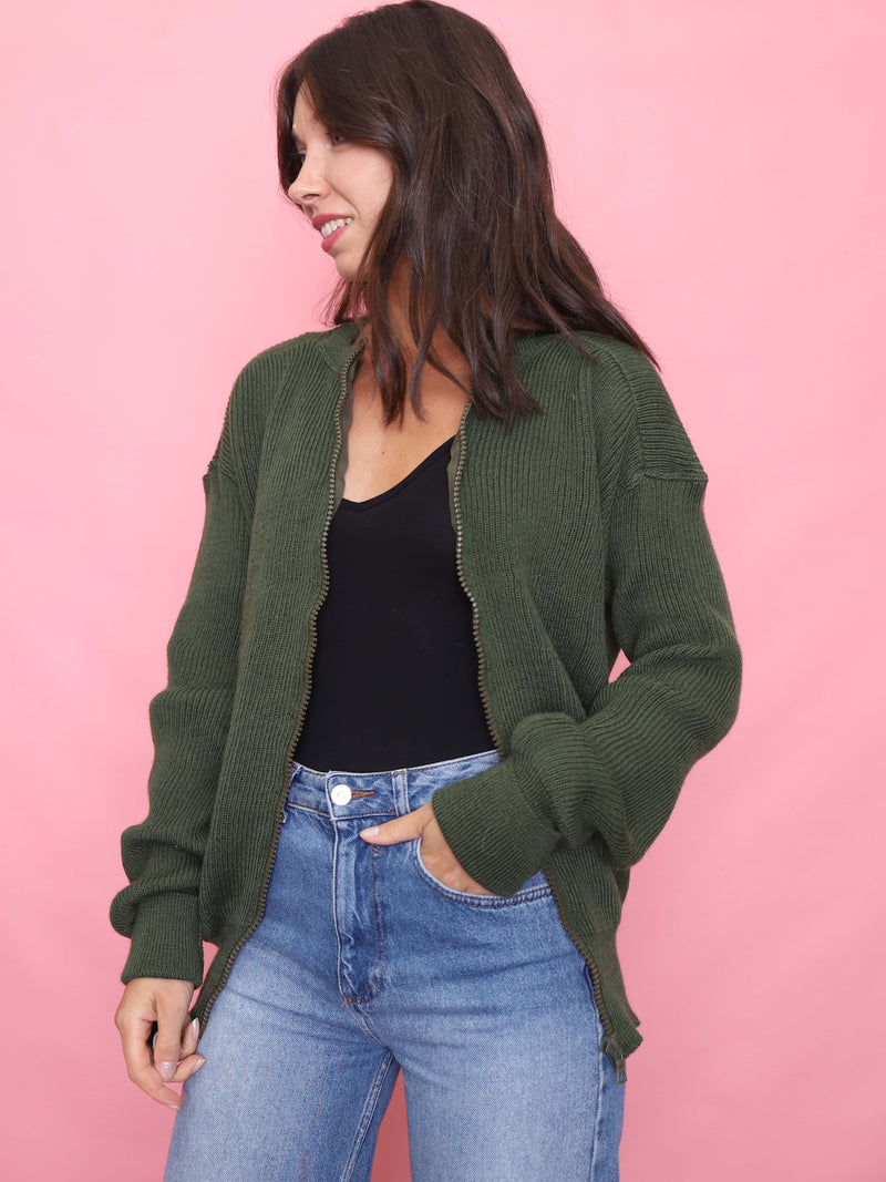 Vintage Green Zip-Up Knit Cardigan