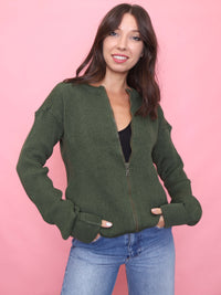 Vintage Green Zip-Up Knit Cardigan